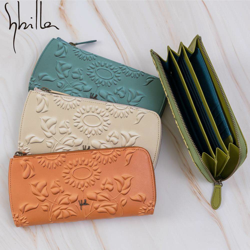 シビラ財布sybilla長財布L字ファスナーソンブラレディースブランド大容量ファスナー付きかわいい本革革花柄緑色オレンジブルーグリーン5470444
